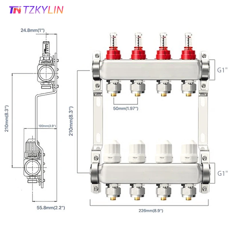 Kit collettore di riscaldamento a pavimento in acciaio inossidabile S304, con misuratore di portata e vite termostatica, filettatura del tubo principale G1".