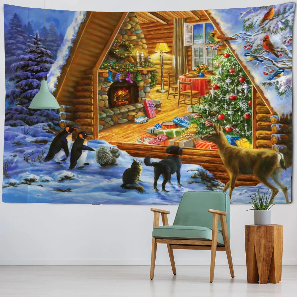 Christmas decoration tapestry, Christmas tree, snow view, fireplace, Christmas gifts, room wall decoration, living room, bedroom