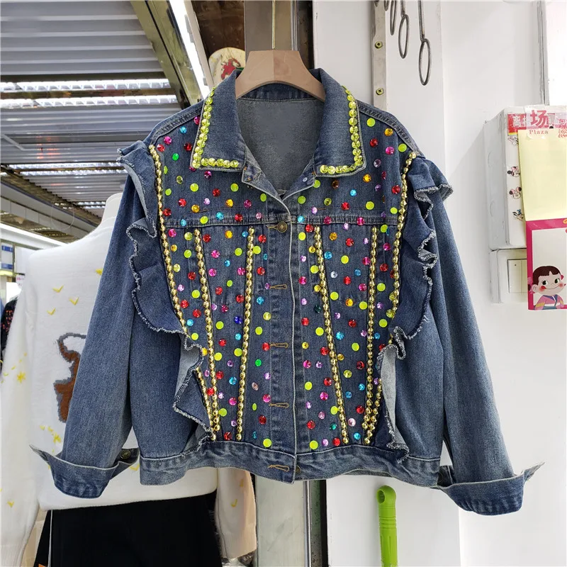 

Streetwear Fashion Vintage Fungus Patchwork Blue Short Jeans Jacket Autumn Casual Heavy Work Beaded Diamond Female Denim Jacket