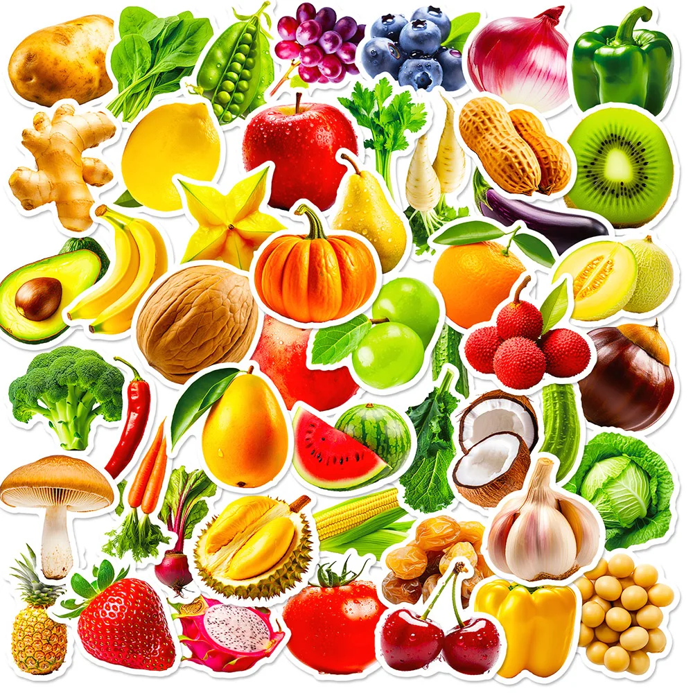 

10/50Pcs Realistic Fruits Vegetables Varied Stickers Pack for Kids Travel Luggage Notebook Car Helmet Decoration Graffiti Decals