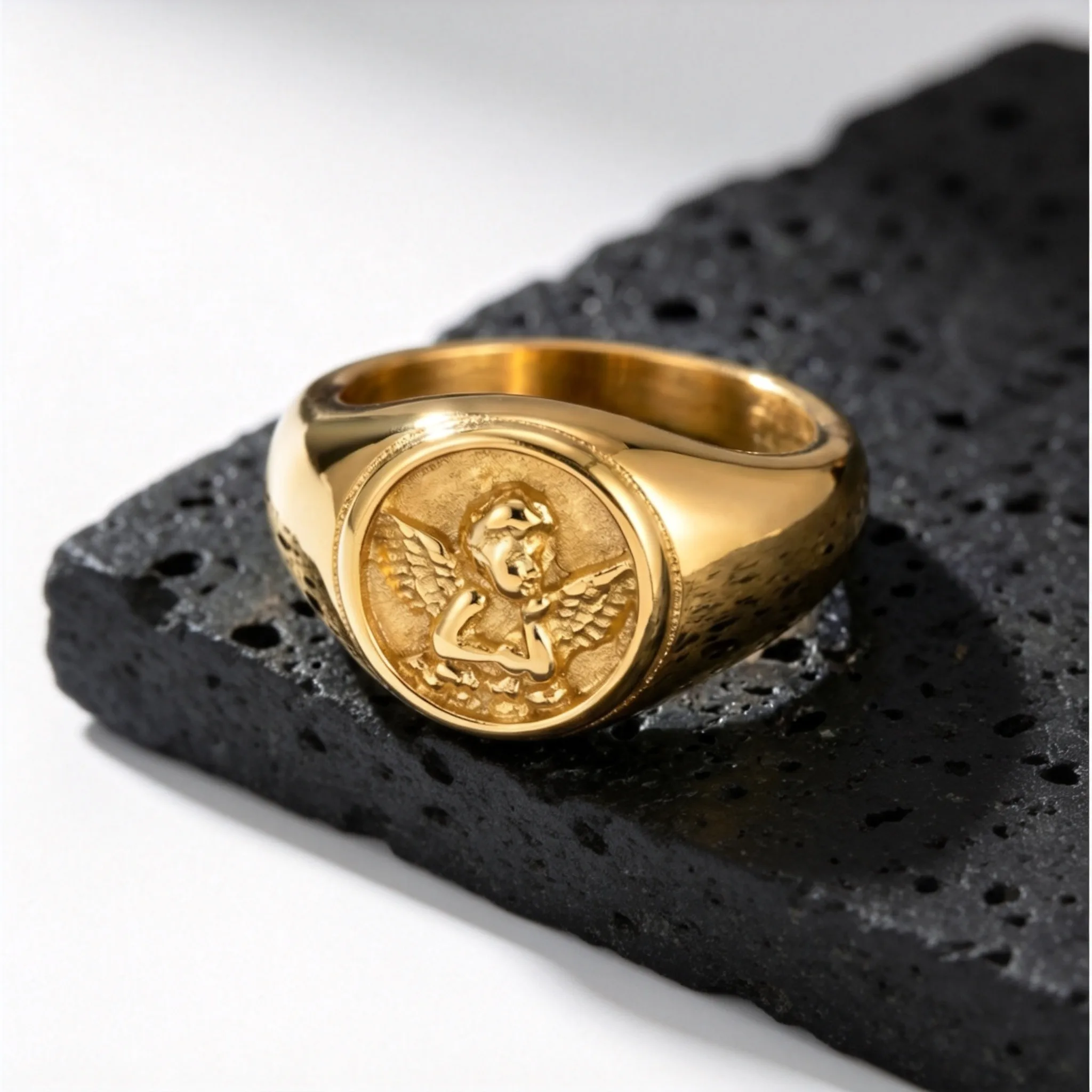 Cupid Signet Ring for Men,Gold Plated Stainless Steel Finger Ring Statement Ring,Punk Vintage Jewlery Gift
