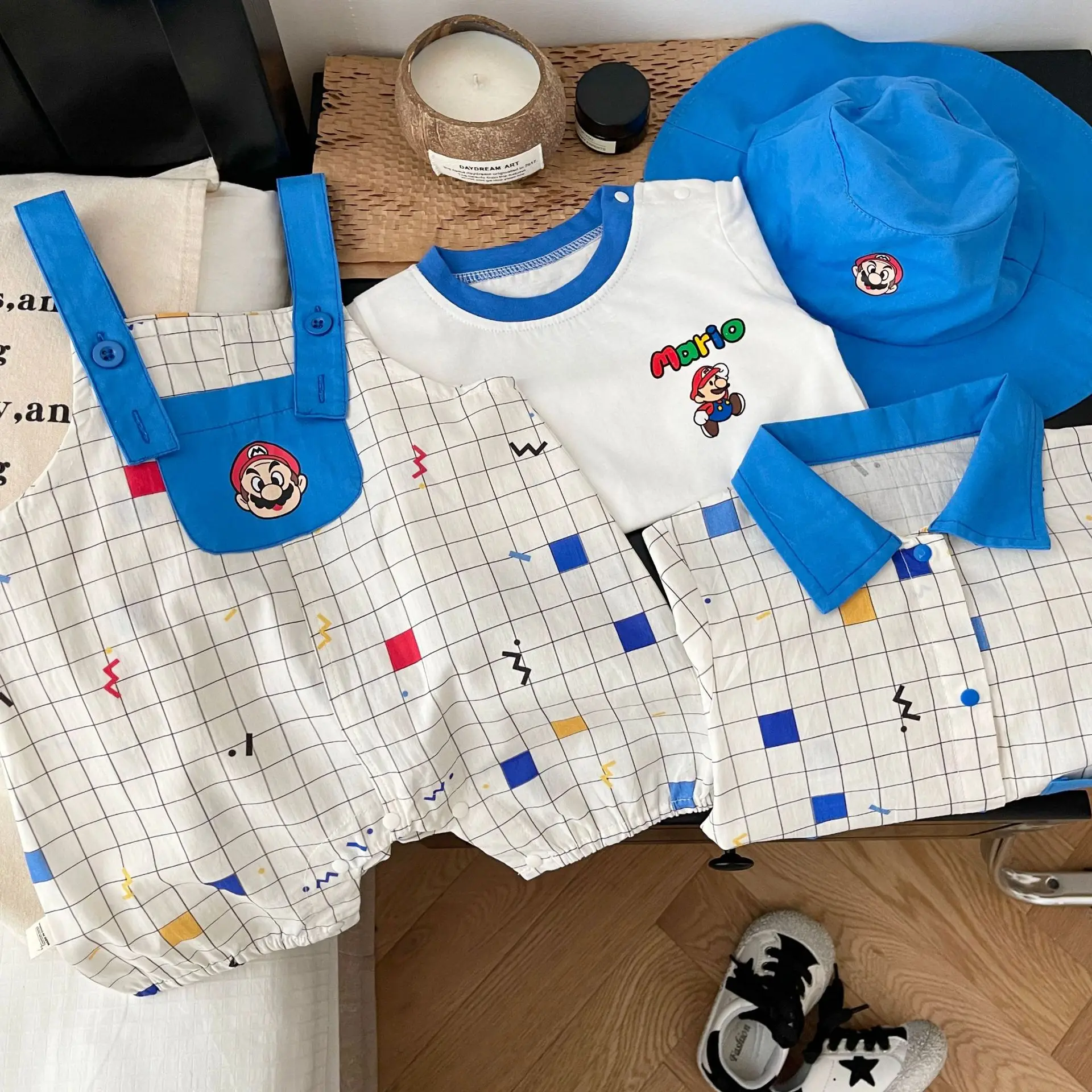 2023 summer new in newborn baby boys cartoon bodysuits short sleeve plaid overalls 98% cotton t-shirts infant kids clothes