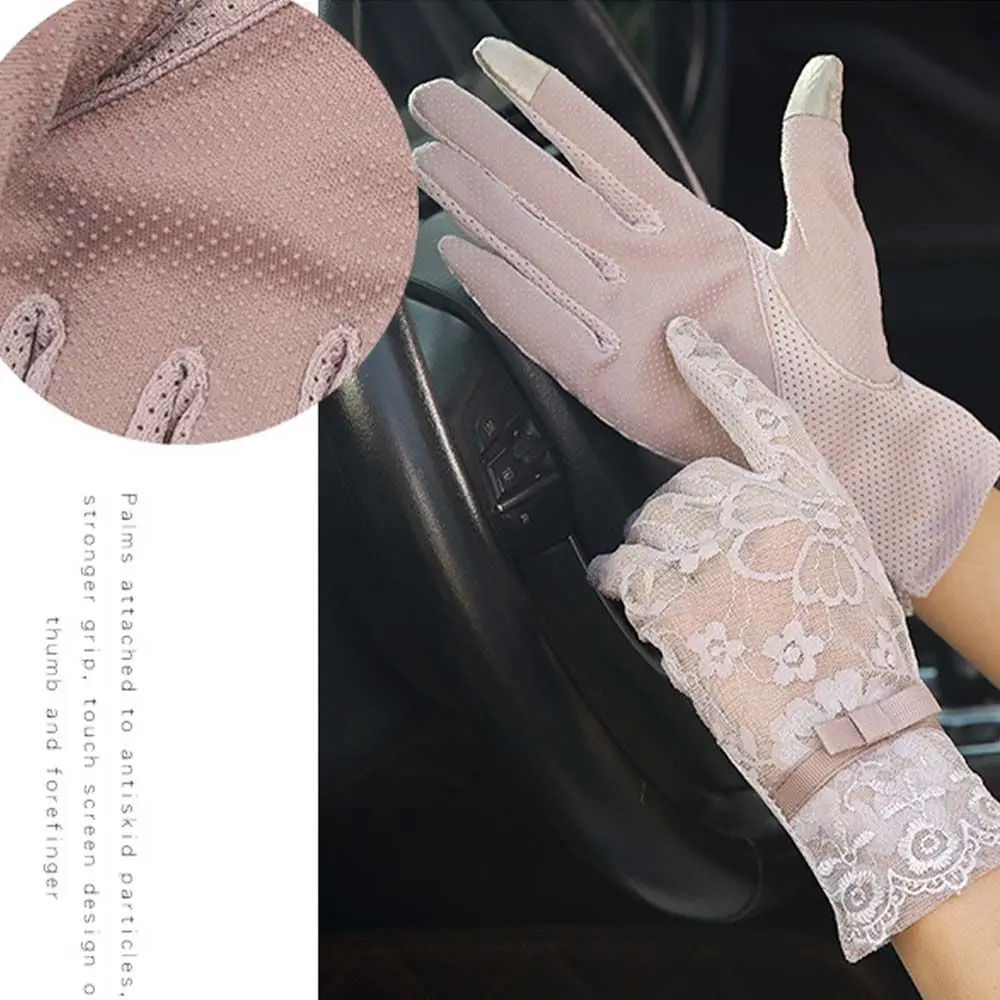 Mitaines à écran tactile en dentelle pour femmes, gants fins, poignet résistant au soleil, nœud à la mode, conduite d'été, fête, 5 doigts