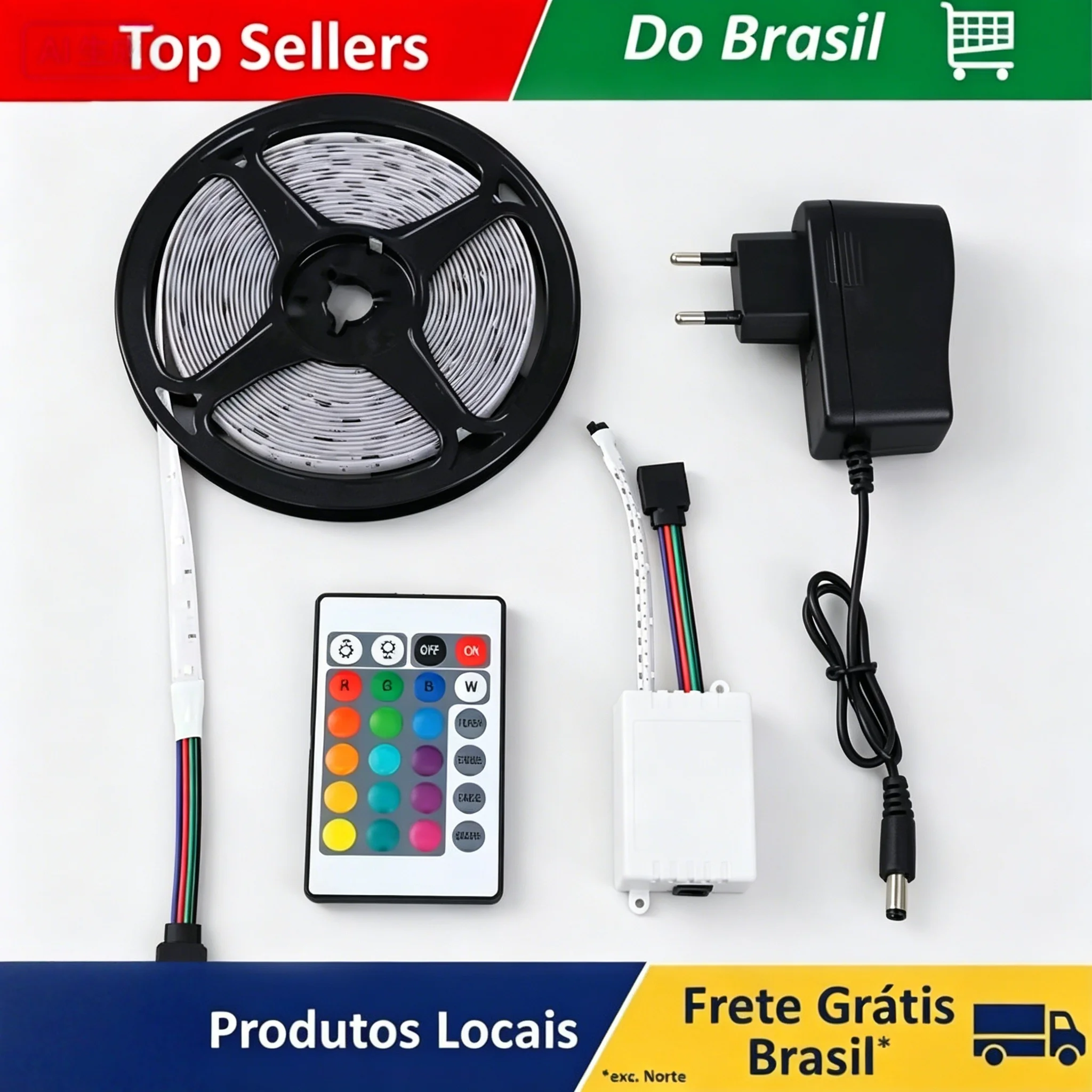 Kit Completo de Fita LED RGB 2835 de 5M com Controle Remoto IR de 24 Teclas e Adaptador, 300 LEDs