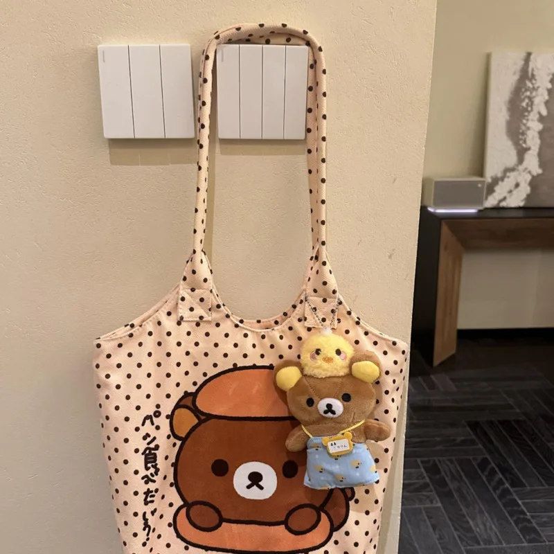 Torba na ramię Y2K Rilakkuma z ilustracją, wzór w kropki, nadruk kreskówkowy, na jedno ramię, studencka, zapinana na zamek, do dojazdów do pracy, o dużej pojemności, nowa.
