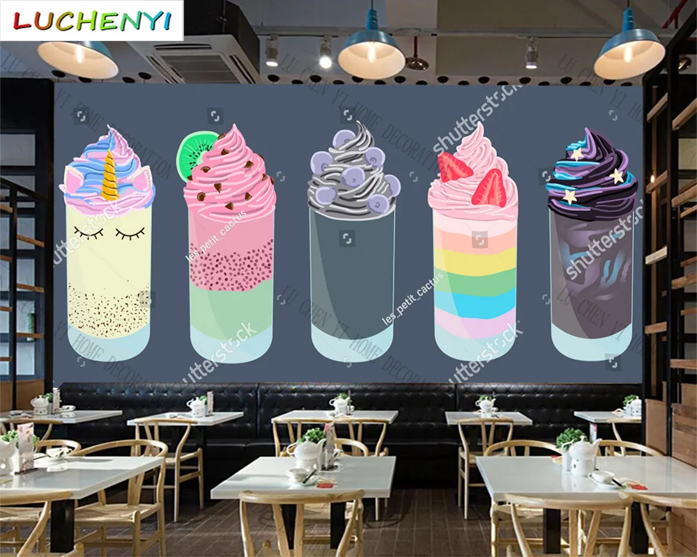 Custom colorful ice cream bubble tea mural wallpaper restaurant cold drinking shop dining room wall papers home decor sticker