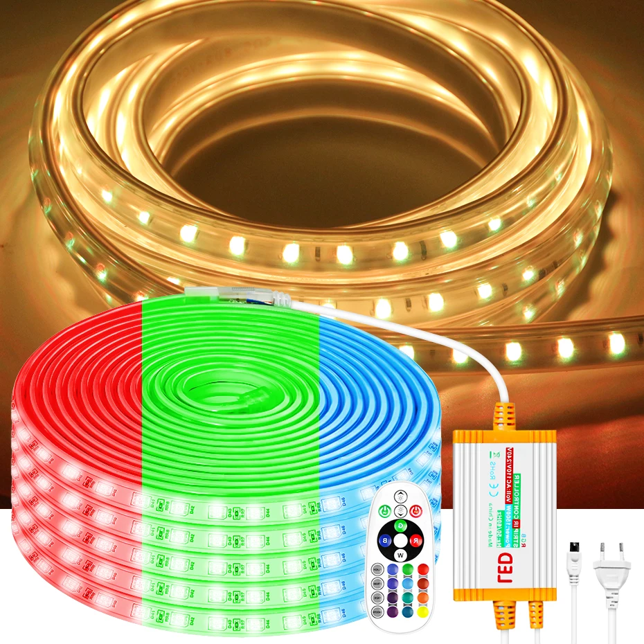 

AC 220V RGB LED Strip Lights SMD5050 Led Tape Waterproof Flexible Ribbon Dimmable RGB Lamp Strip with 1500W EU Plug Controller