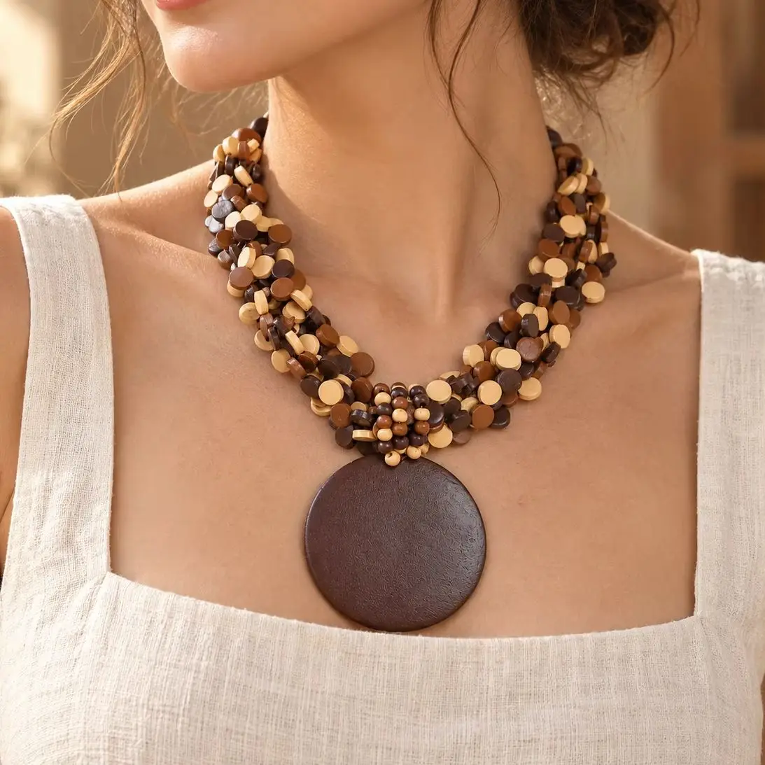 Boho Chunky Wooden Beaded Necklace for Women Brown Beige Layered Disc Beads Large Round Pendant Tribal Resort Jewelry Gift