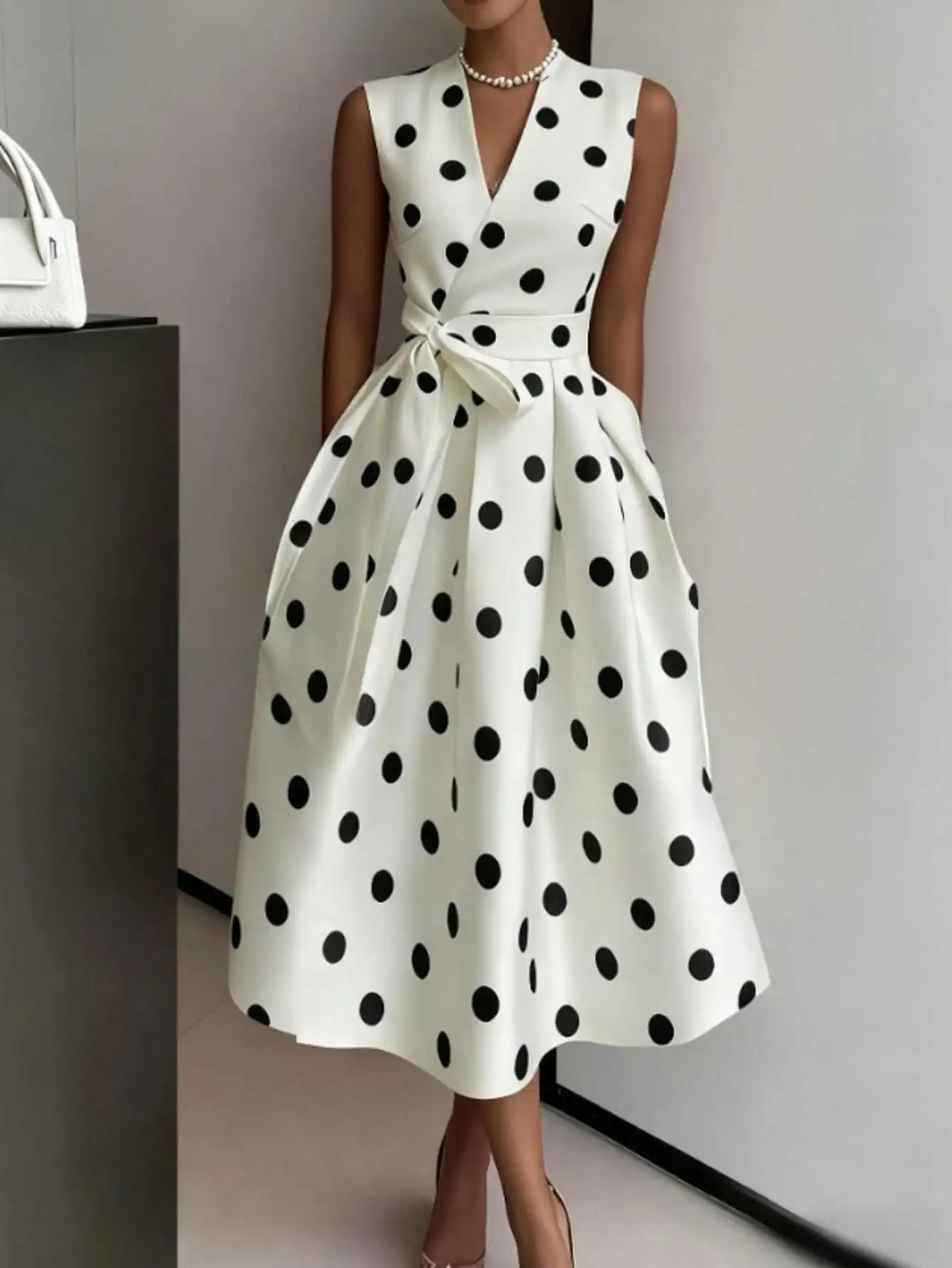 

Women's V-Neck Polka Dot Midi Dress with Waist Tie, Elegant Casual Wear
