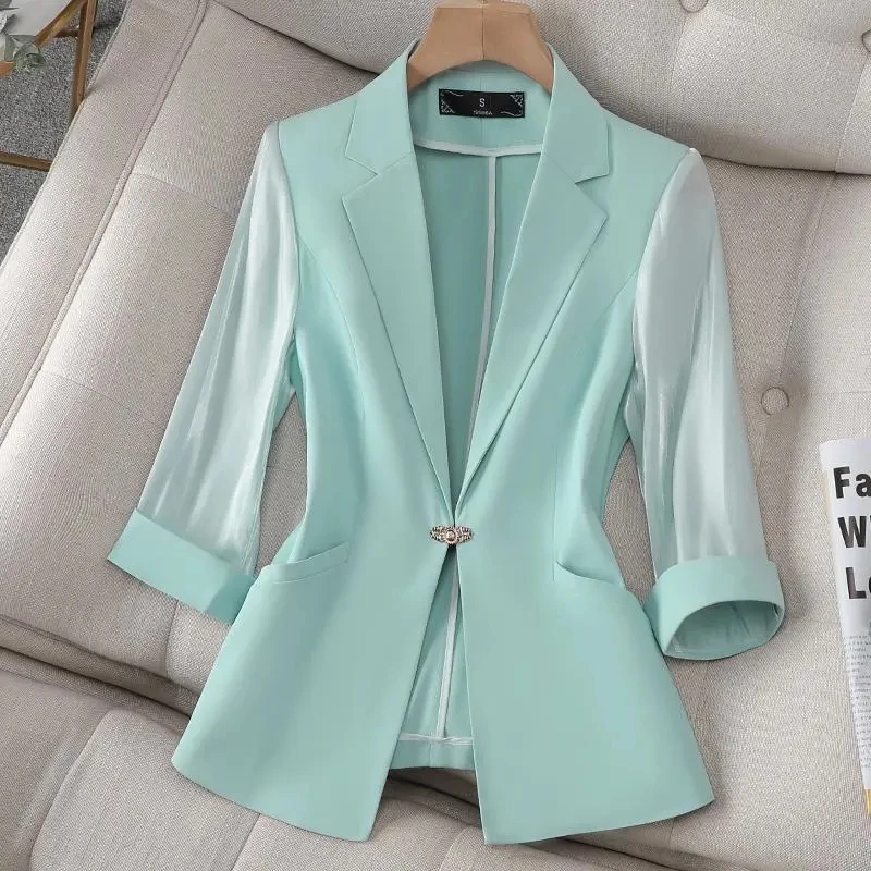 

Spring Summer Women Blazers New Fashion Mesh Seven-Quarter Sleeve Thin Office Lady Suit Jacket White Yellow Light Blue Blazer