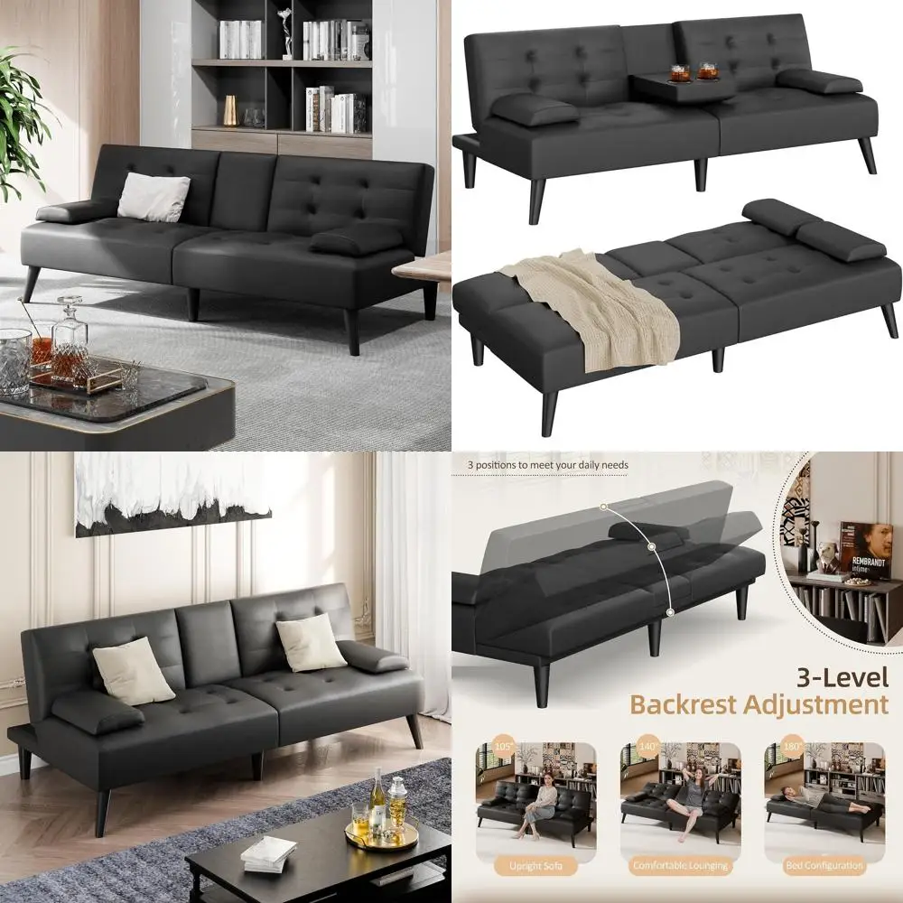 Leather Reclining Sleeper Sofa with Removable Armrests and Cup Holders, Suitable for Home or Office (Black)
