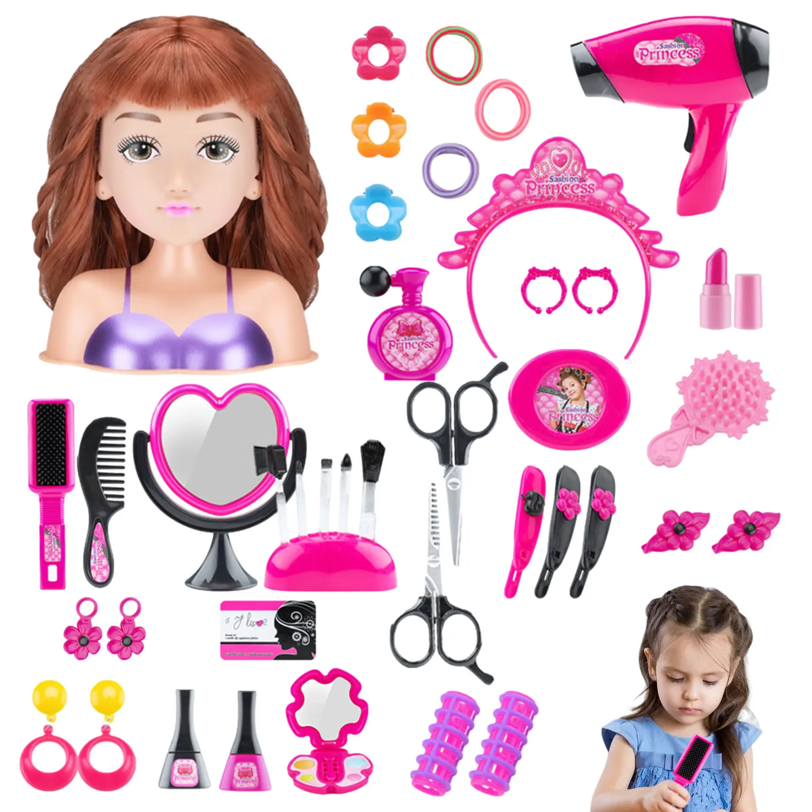 Styling Doll testa di bambola per lo Styling dei capelli con asciugacapelli testa di bambola giocattolo giochi di imitazione Set di cosmetici pettine custodia per medicazione con elastico