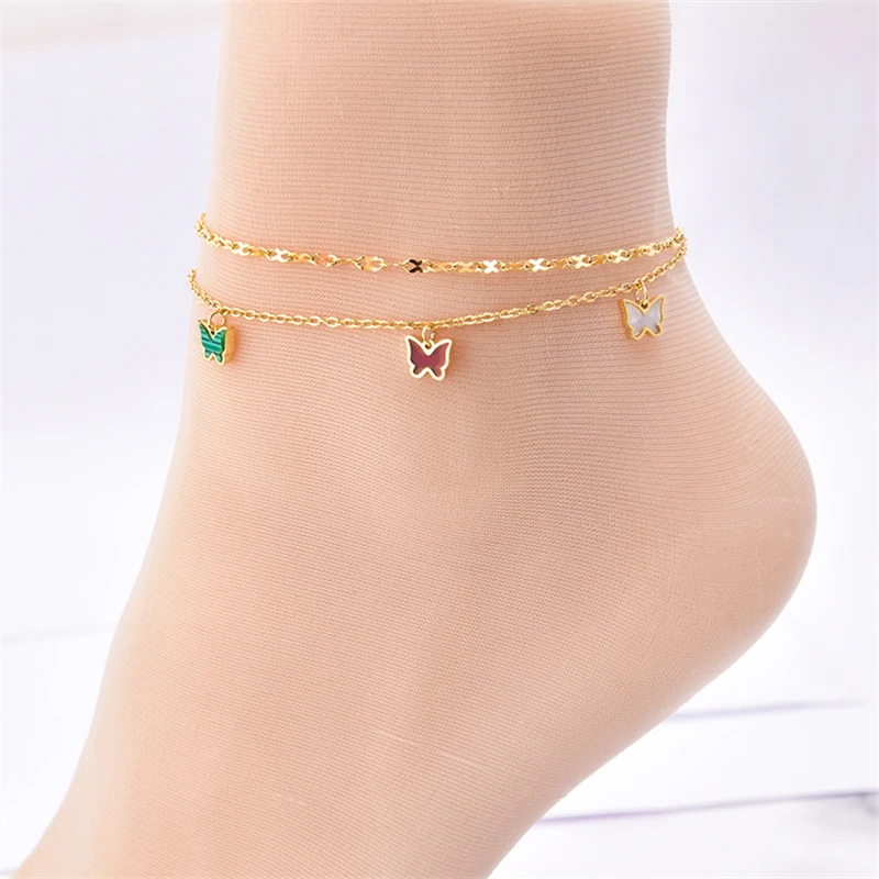 316L Stainless Steel New Fashion Jewelry 2 Layer Embedded In Natural Shells Hang 5 Butterflies Charm Chain Anklets For Women