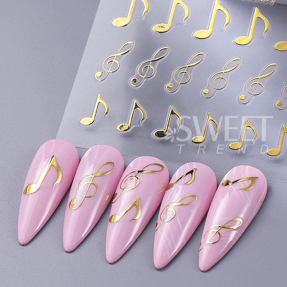 3 pezzi note musicali adesivi per unghie 3D nero oro argento simboli design fai da te Y2K metallizzato olografico gel smalto cursori decorazioni per unghie