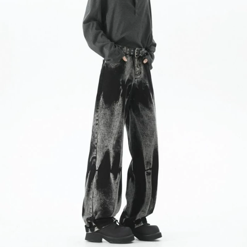 Jesienne męskie szerokie jeansy baggy w stylu high street, barwiony denim, casualowe proste neutralne jeansy baggy w stylu neutralnym, modne i uniwersalne.