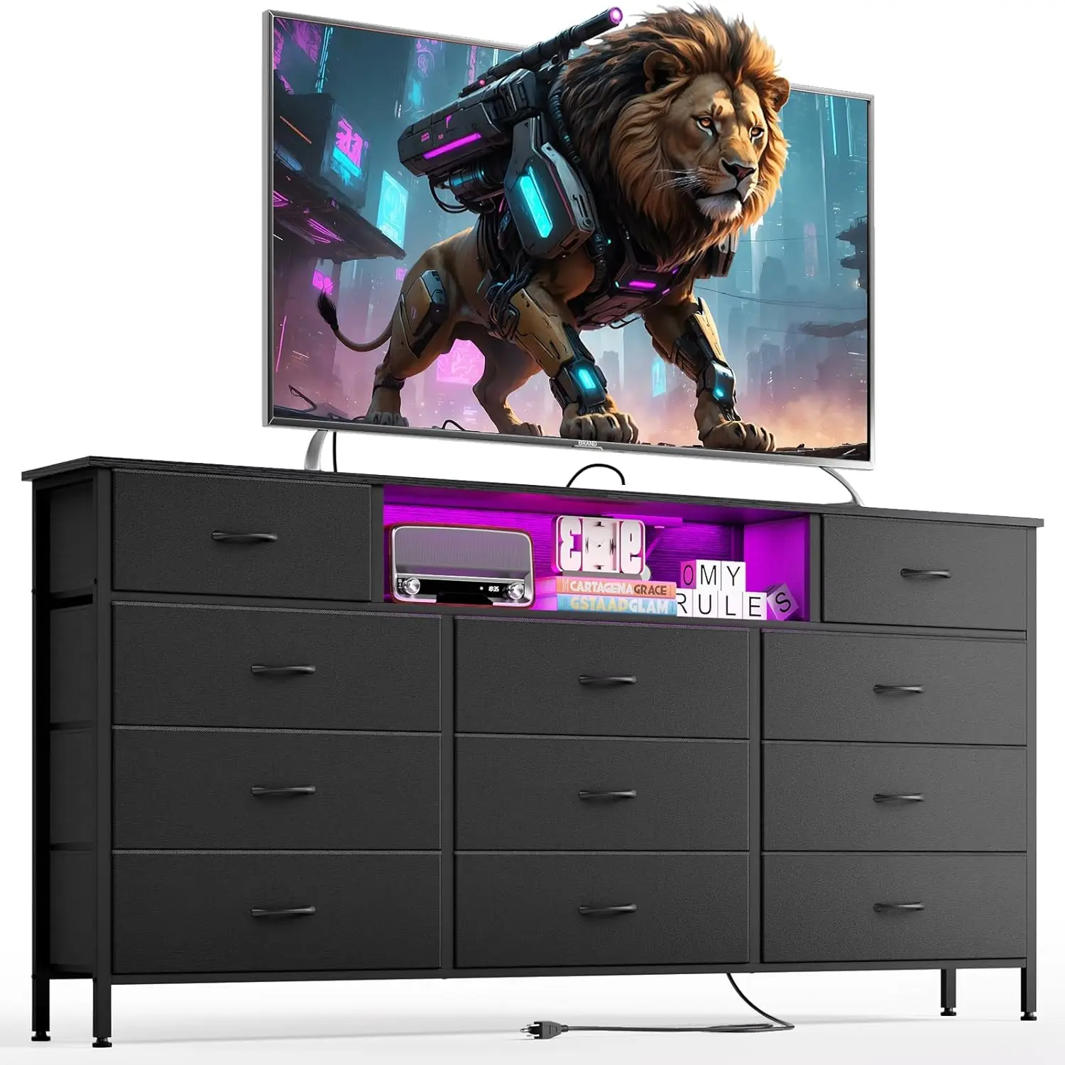 Charging Station and LED Lights, Black Dresser TV Stand with 11 Drawers, Fabric Chest of Drawers with PU Finish for Bedroom, Liv