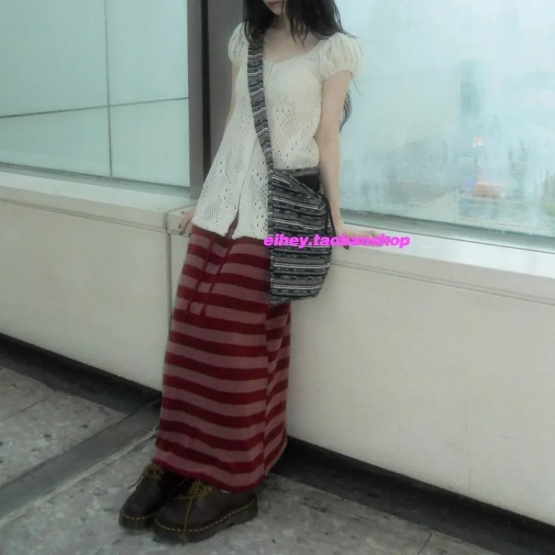 

Y2K High Waist Drawstring Loose Mid-length Skirt Women 2025 Autumn New Streetwear Contrast Color Striped Casual A-line Skirt