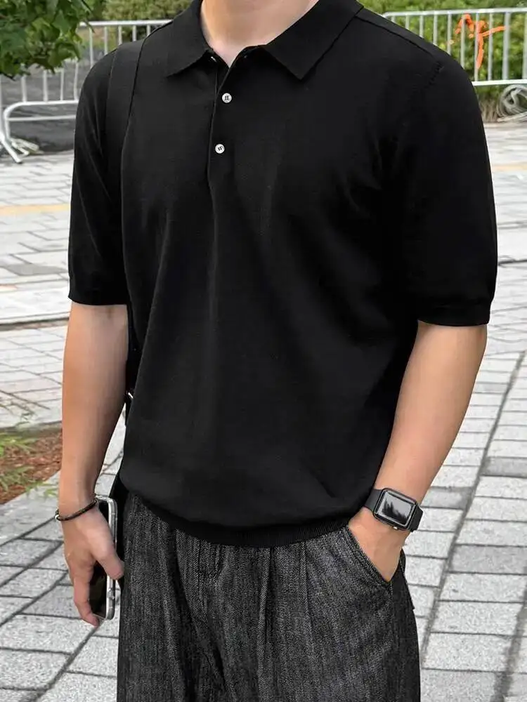 

Korean Style Men's Tees Turn Down Collar Solid Color Casual Tops Short Sleeved Loose Male Knit T-shirts 2025 Summer