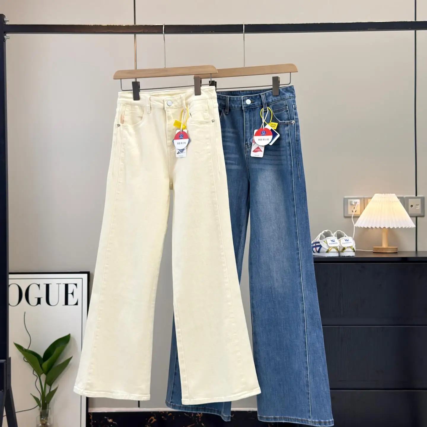 

High Waist Wide Leg Jeans Women's Loose Fit Straight Cut Four Way Stretch Cotton Denim Pants Retro Style Spring Season