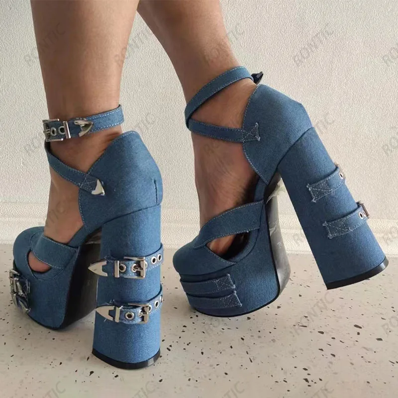 Rontic Handmade Women Platform Pumps Denim Buckle Strap Chunky Heels Round Toe Pretty Blue Cosplay Shoes US Size 5-15 - view 5