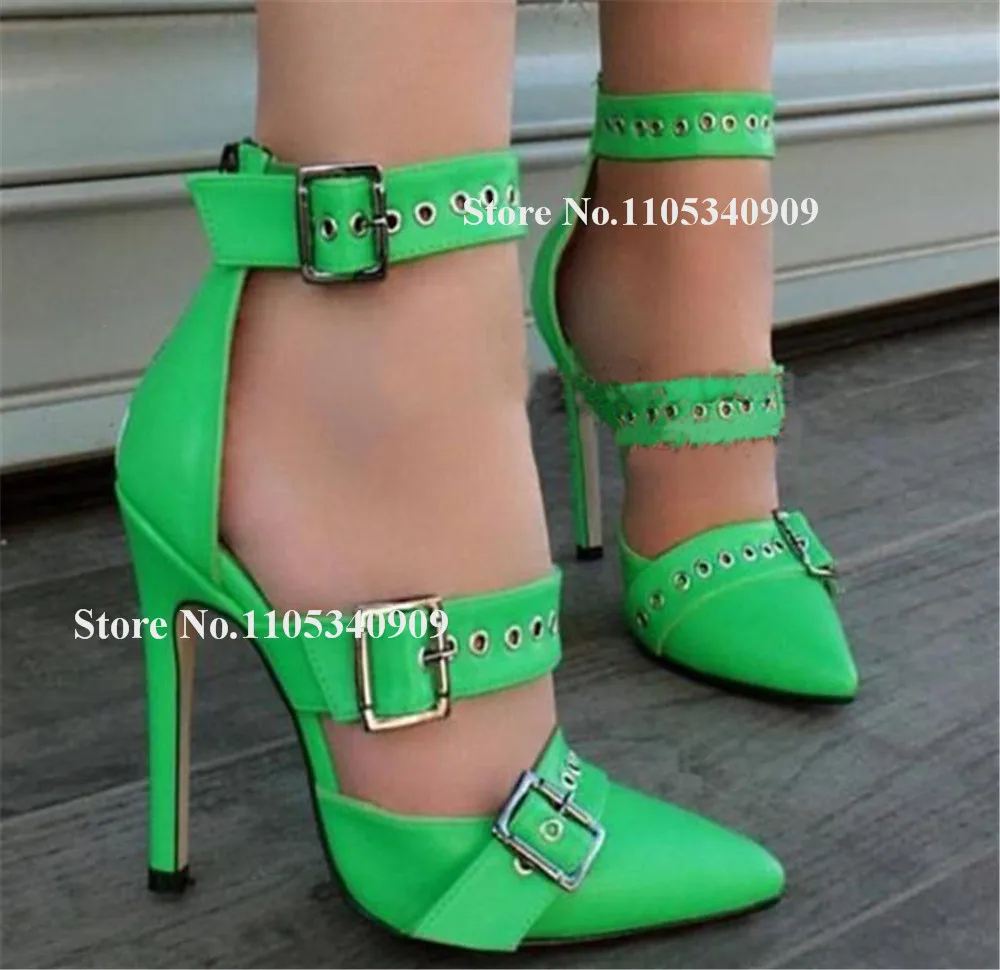 Bondarenko Metal Buckles Straps Stiletto Heel Pumps Pointed Toe Pink Blue Green Matte Leather Thin Heel Party Dance Shoes