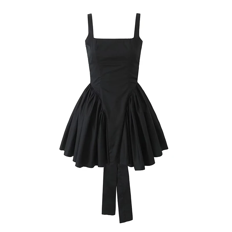 YENKYE Summer Women Sexy Backless Bow Mini Dresses Sleeveless Low Waist Pleated Swing Holiday Party Robe Black White Pink