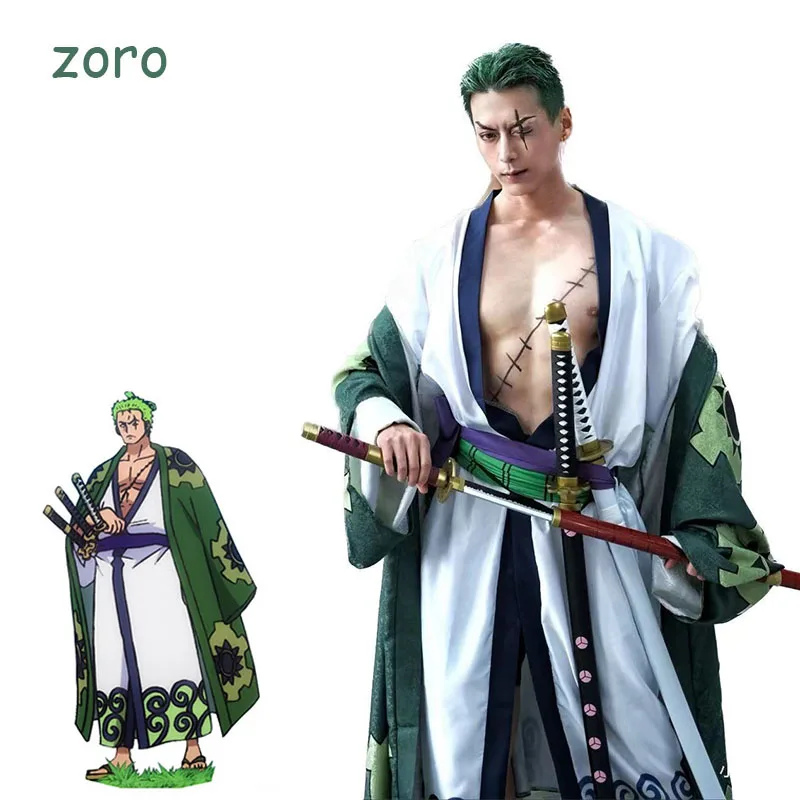 

Anime Roronoa Zoro Cosplay Costume One Piece Kimono Robe Cloak Belt Full Suit Outfit for Woman Men Clothes