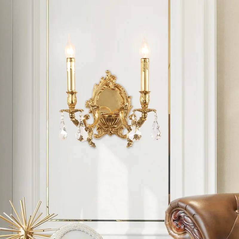 European Antique Brass Wall Lamp Hotel Romm Aisle Corridor Bedroom Bedside Copper Crystal Double Wall Sconce Light