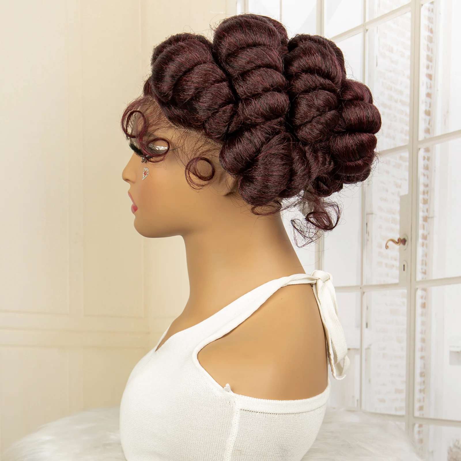 Peluca trenzada de encaje completo sintético para mujeres negras africanas, pelo de bebé, 99J, Burgundy, Afro banttu