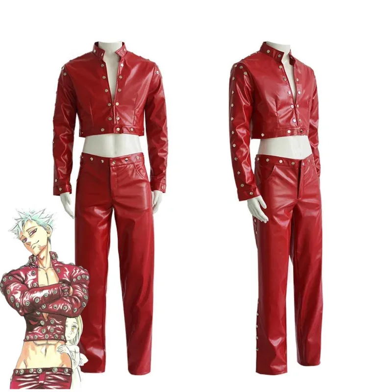 CyAnime siete pecados capitales: ira de los dioses Ban disfraz de Cosplay rojo PU abrigo pantalones peluca adulto hombre mujer traje de Carnaval de Halloween