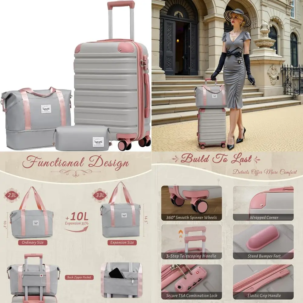 

3-piece abs+pc hardshell suitcase set with duffel bag and double spinner wheels for travel with tsa lock