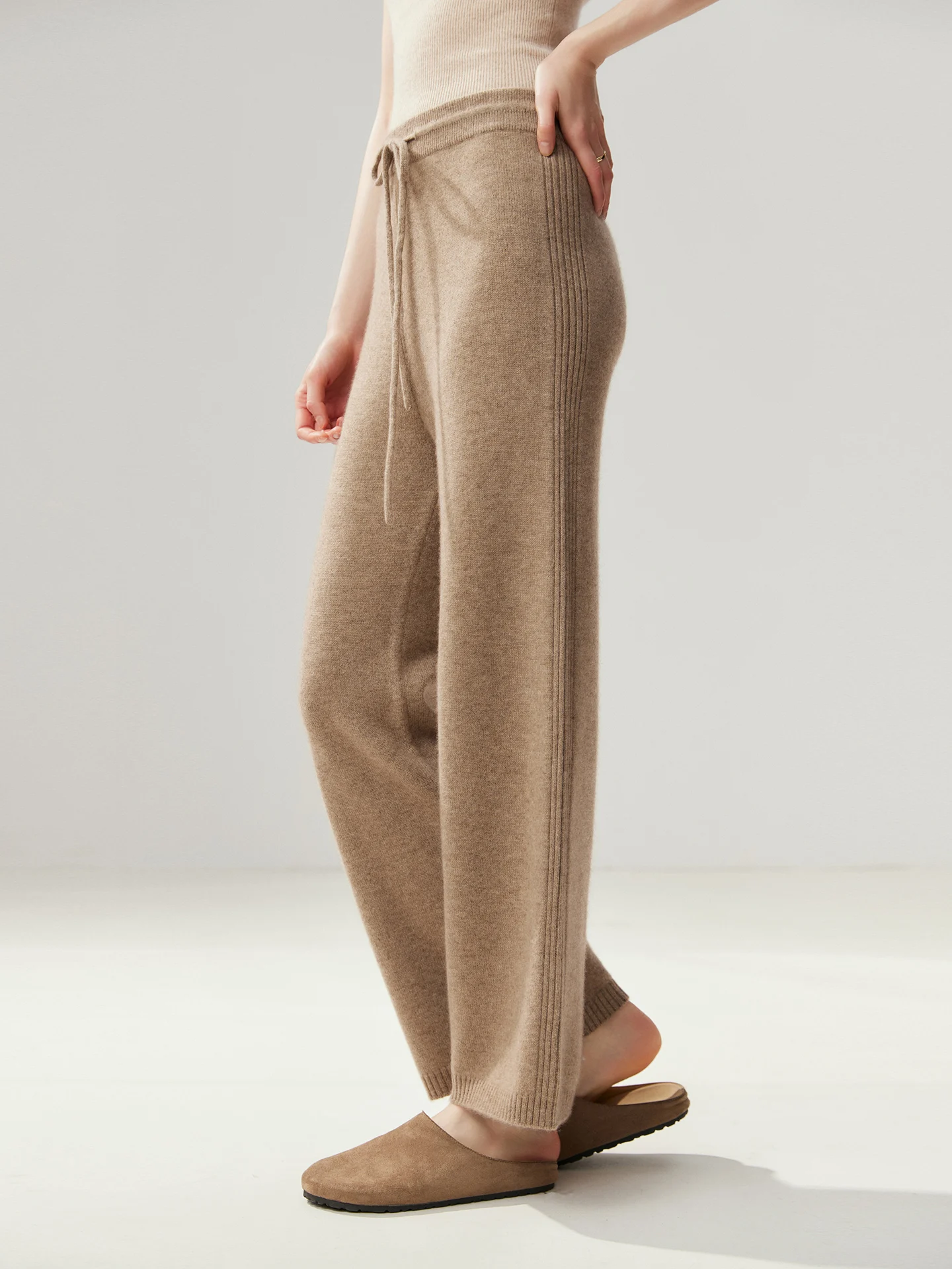 100% Cashmere Women Wide Leg Pants Autumn Winter Warm Drawstring Waist Knit Trousers Soft Loose Fit Lounge Pants Elegant Style