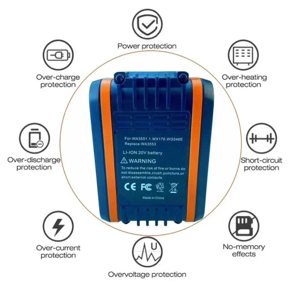 For Worx WA3553 20V 6.0Ah Battery Cordless Power Tool Spare Batteriies WA3572 WA3553 WX390 WA3551 WX176 WX178 Battery