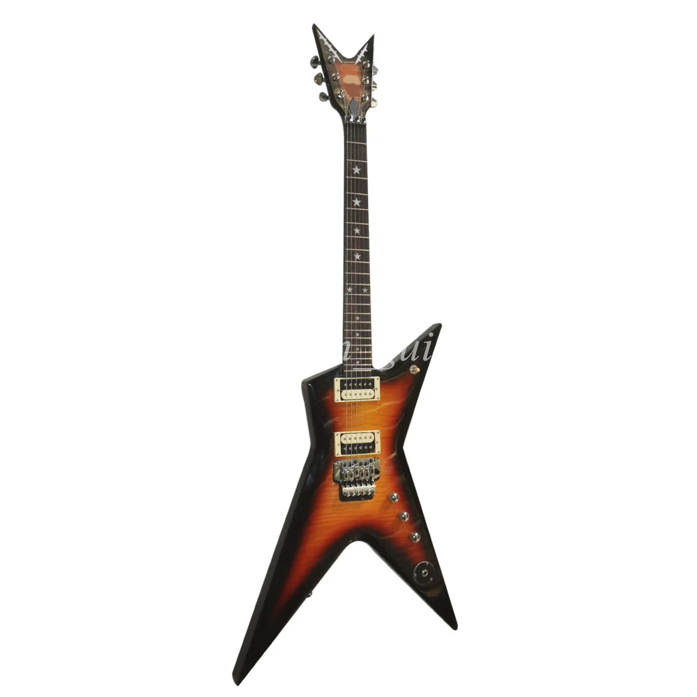 Flyoung 6 Strings Tobacco Sunburst Unusual Floyd D Electric Guitar with Flame Maple Veneer Rosewood Fretboard 22 Frets