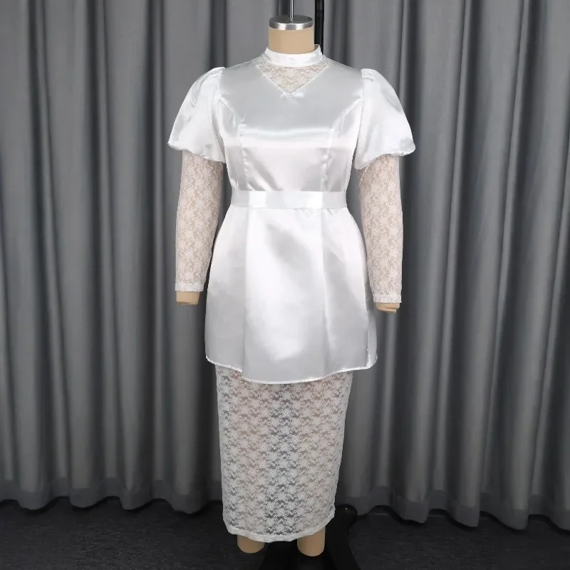

Women's African Long Sleeve Lace Bodycon Dress, Elegant Evening Dresses, White, Plus Size S-4XL, Spring, 2022