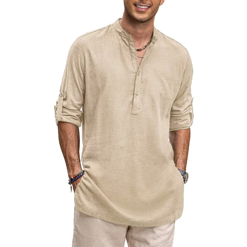 남성용 새 코튼 오버사이즈 셔츠 캐주얼 셔츠 경량 긴 소매 헨리 비치 셔츠 남성용 하와이 티셔츠