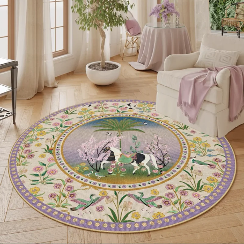 

Round Floral and Nature - Themed Rug with Horse & Bird Motifs, Ideal for Living Spaces, Adds a Touch of Vitality