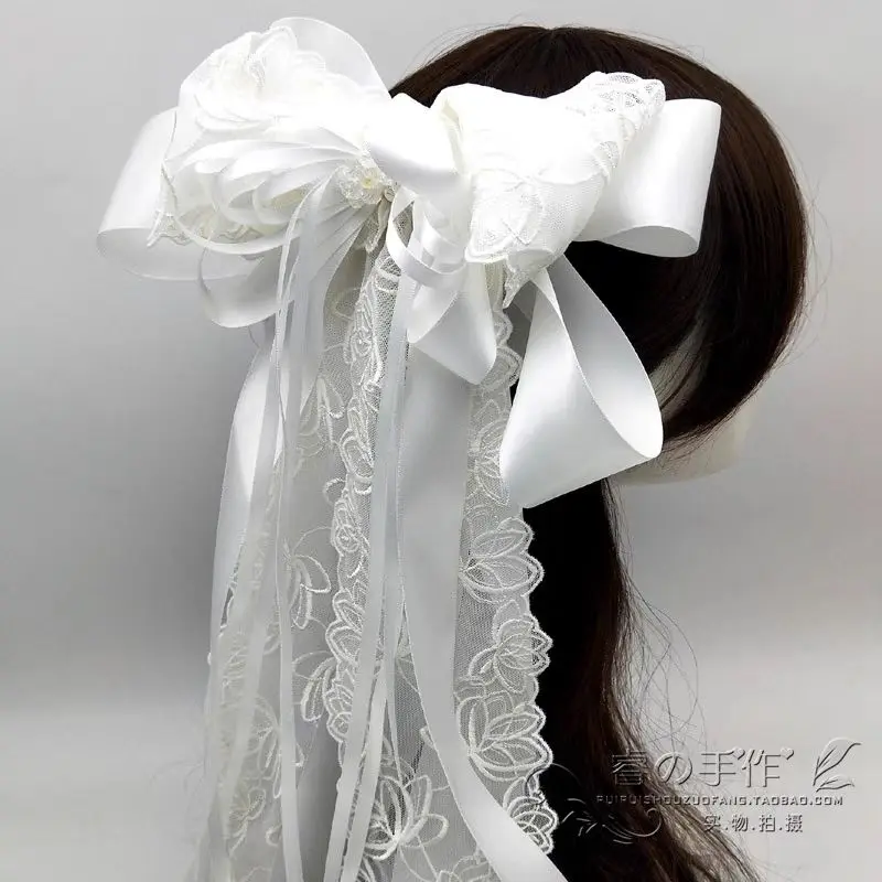 Japanese Korean Summer New Authentic Korean Bride Pure White Oversized Lace Bow Hair Clip Hair Accessories Wedding
