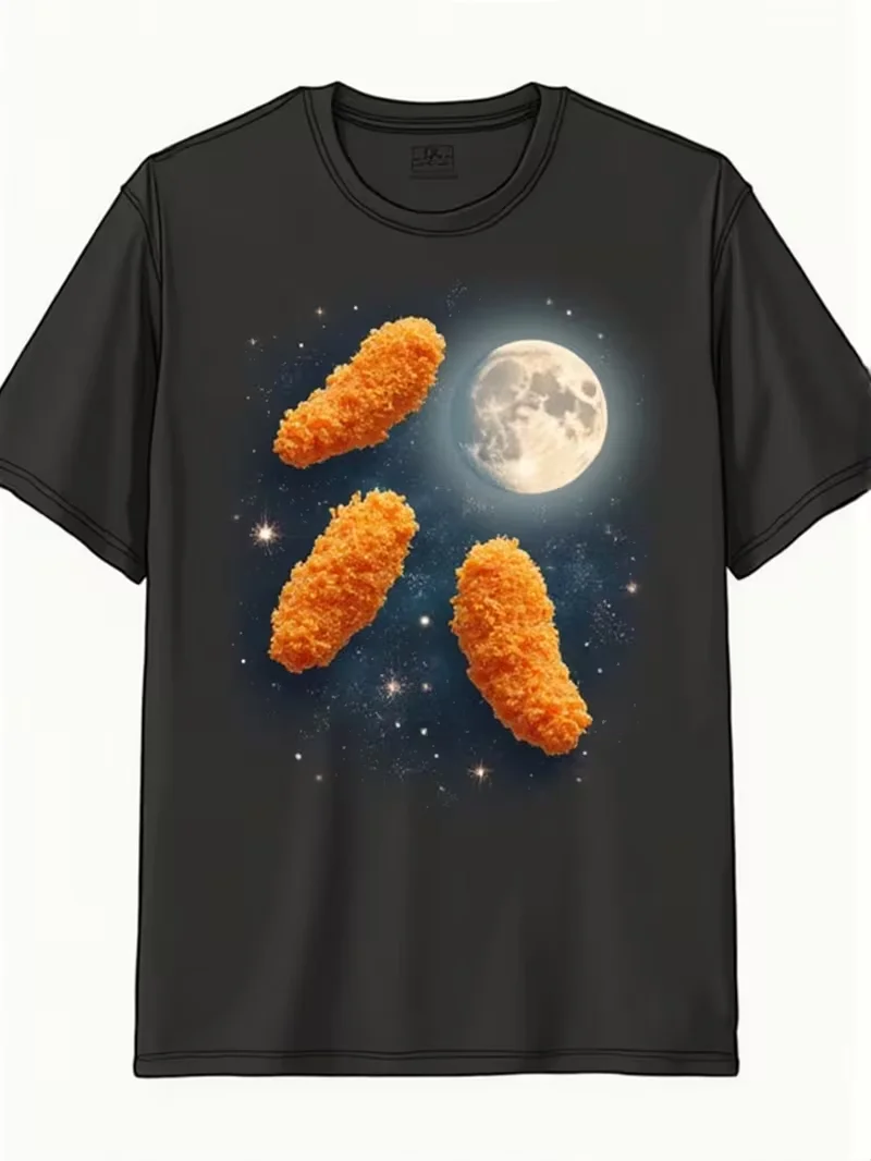 Funny Dinosaur Nugget Moon Howling Graphic Tee -T-shirt Daily Streetwear, Casual Short Sleeve Shirt for Outdoor & Casual Attire