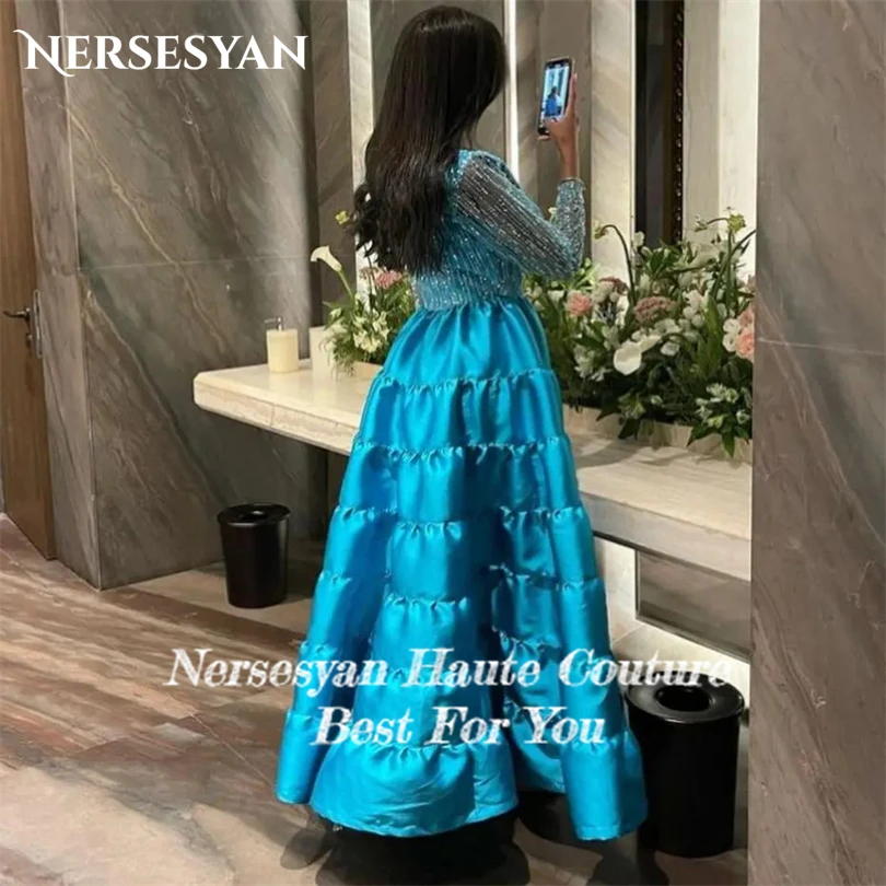 Nersesyan Glitter Satin Formal Evening Dresses Sequins Tulle Long Sleeves Party Gowns V-Neck A Line Draped Vestidos De Fiesta