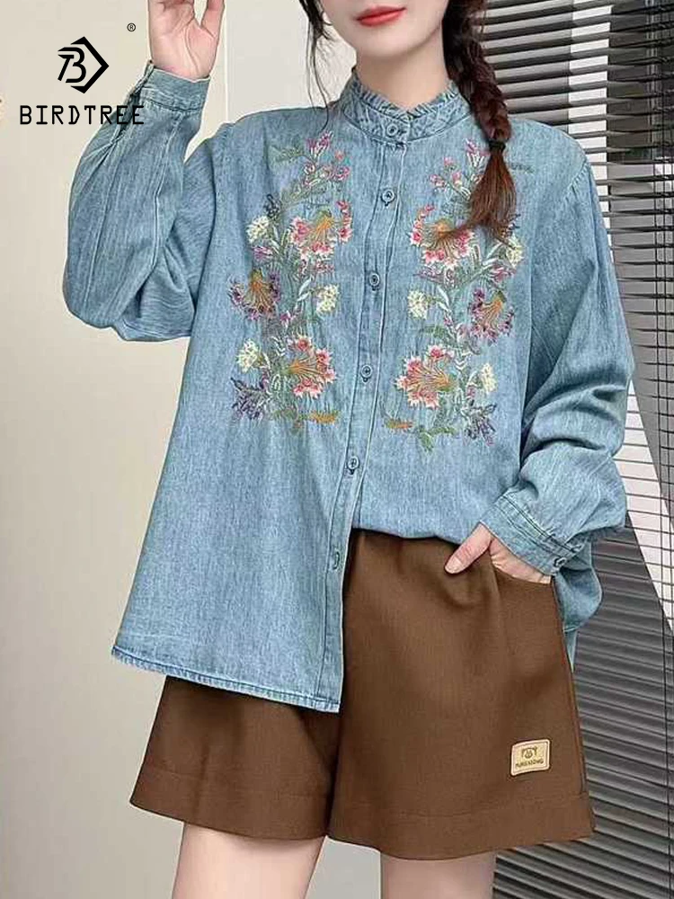 

Новинка 2025, осенняя джинсовая рубашка с длинными рукавами, женская свободная блузка с цветочной вышивкой, французская возрастная блузка Mori Girl T5O593CC