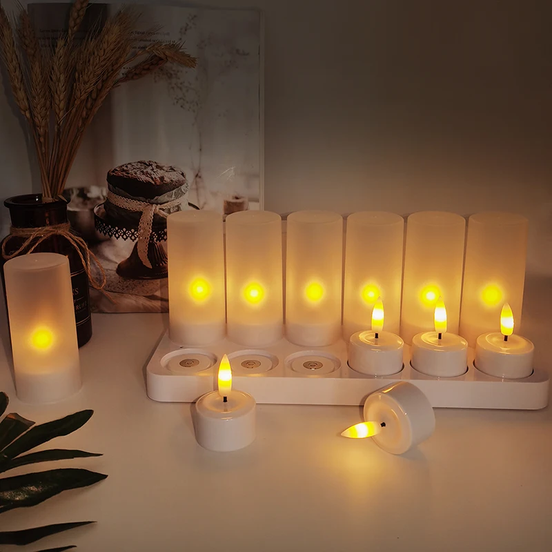 Set of 12 Flameless Candle w/timer Remote Magnetic Charging Base Rechargeable LED Tea Light Candles Outdoor Lantern Wedding Deco