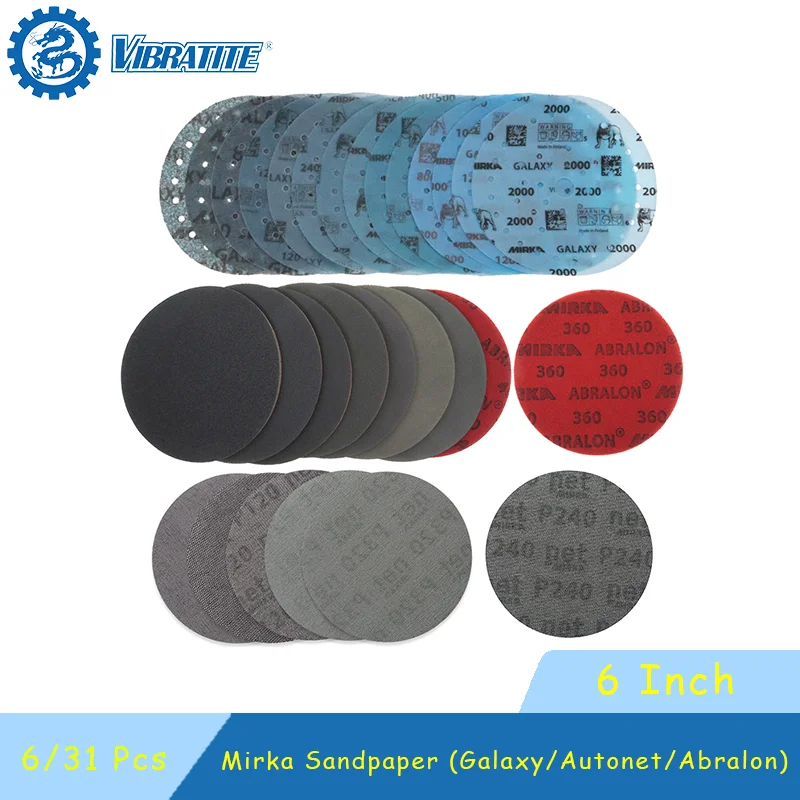 Mirka Sandpaper Galaxy Autonet Abralon Mixed 6 Inch Assorted Grits Hook and Loop  6/31 Pcs for Auto Body Repair Orbital Sander