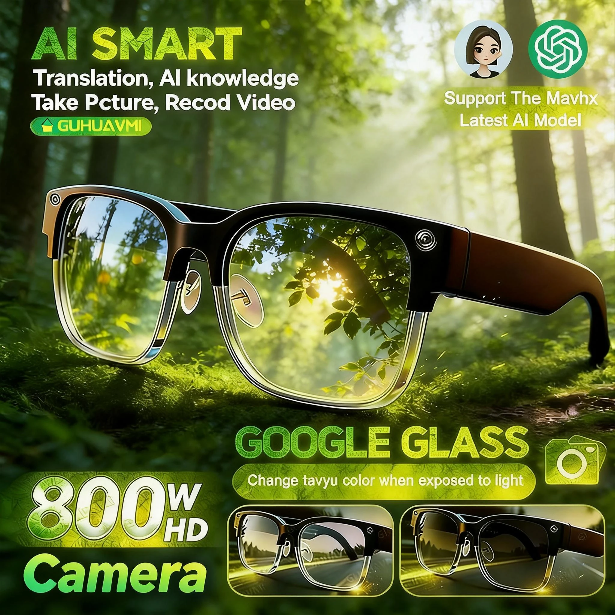 2026 AI Smart Glasses 4K HD Video 800W Camera 32GB WiFi Transfer Call Voice Assistant Music Chat GPT Translation Sunglasses Men