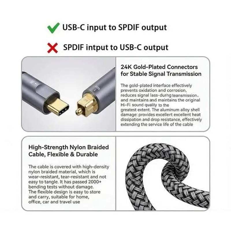DTB7 USB-C to Optical SPDIF Toslink Audio Cable Braided 24Bit 96kHz Digital Stereo Adapter for Soundbar TV 5m