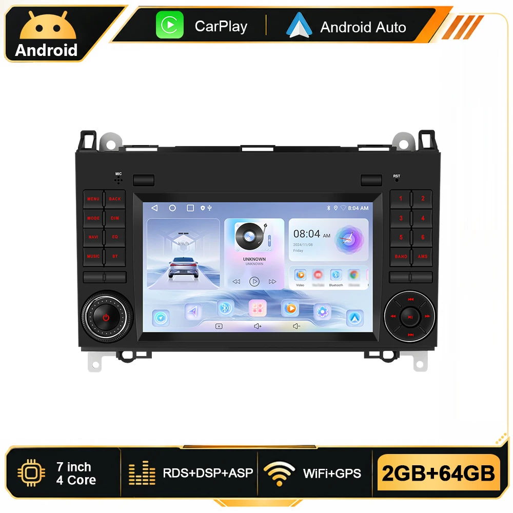 Podofo 7'' 6G+128G Android Auto-Multimedia-Player für Mercedes Benz Sprinter W906 W209 A-Klasse W169 B-Klasse W245 Viano/VITO GPS-Navigation WiFi BT Smart Car Systems CarPlay Android Auto Autoradio