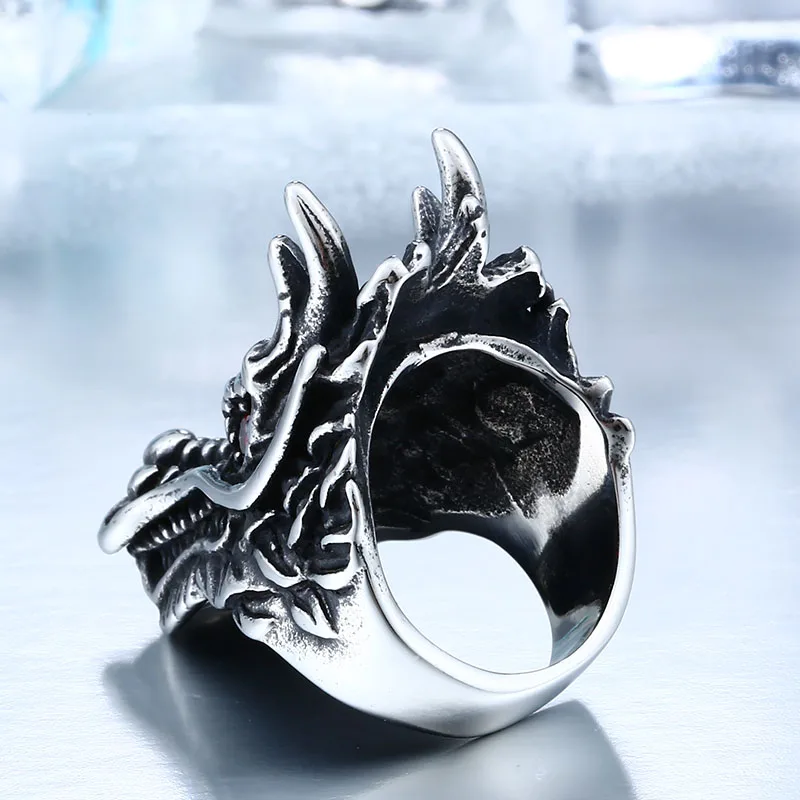 BEIER 316L Stainless Steel Dragon Head Ring With Black Red Eyes Ring Biker Rock Personality Animal Jewelry