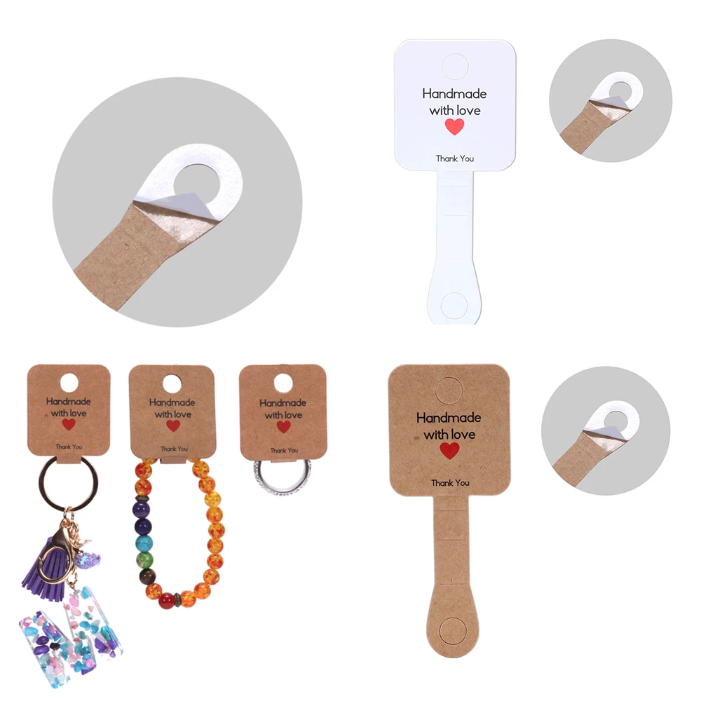 Tarjetas de agradecimiento autoadhesivas para joyería, paquetes pequeños de negocios, collar, pulsera, anillo, soporte hecho a mano con amor, 50