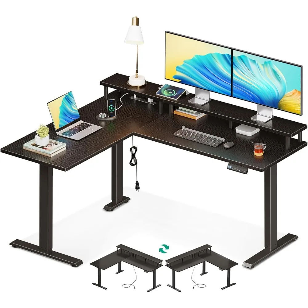 

Electric L Shaped Standing Desk with Monitor Stand,59 Inch Height Adjustable Corner Desk W Power Outlets,Large Sit Stand Table