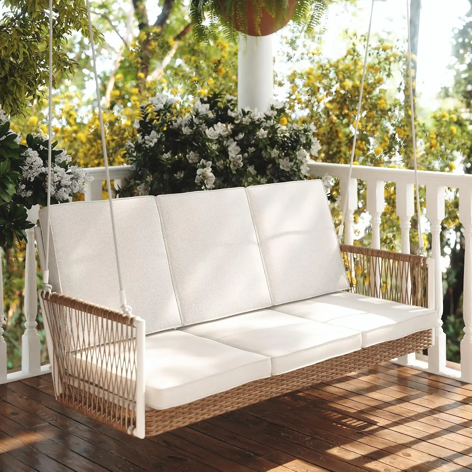 Anderson 5 Foot Wicker Porch Swing with Cushions - Modern Porch Swing with Hanging Ropes Included, Customized
